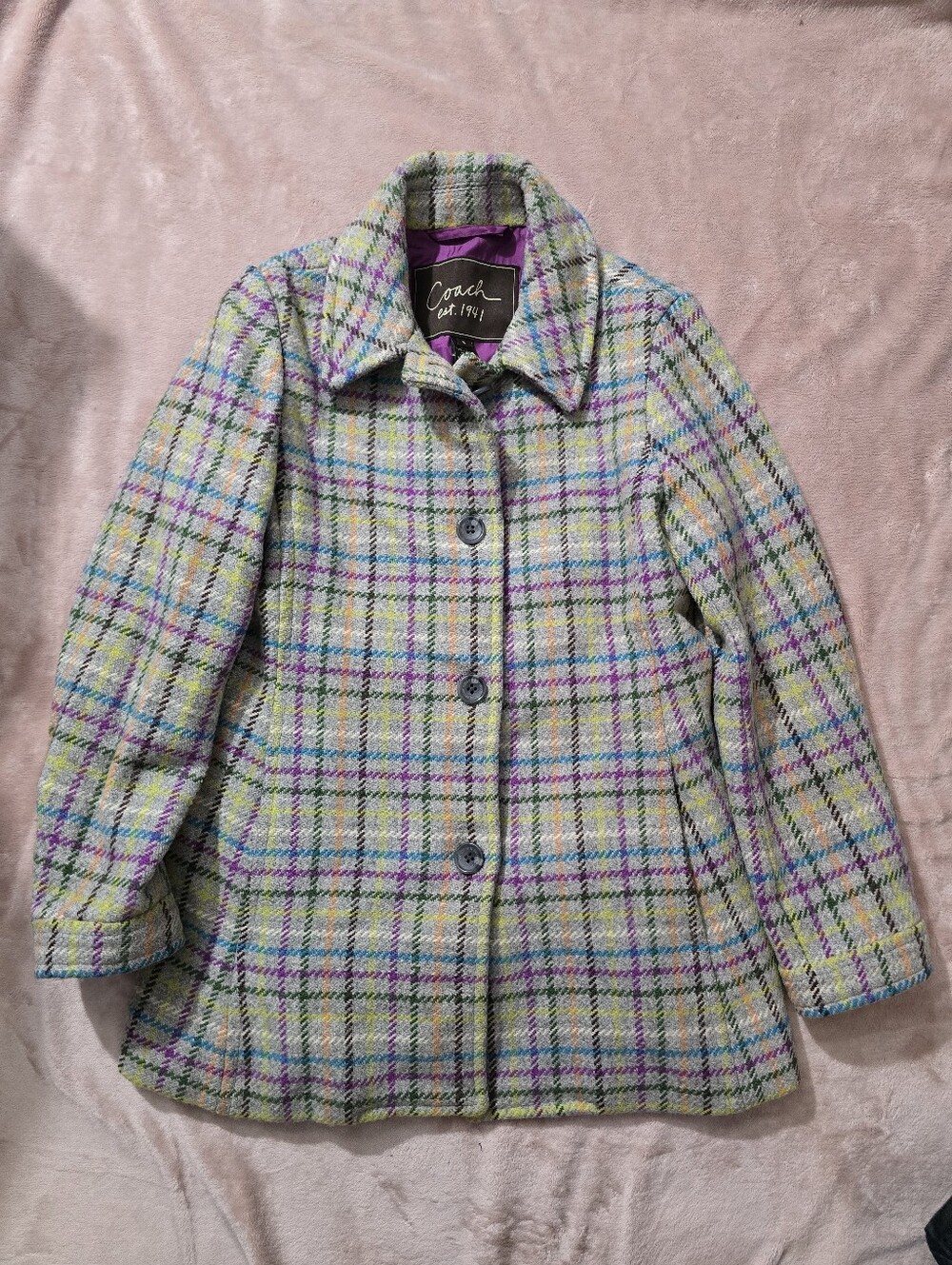 Coach wool Tattersall coat Gray Base Multicolored Plaid Blue Purple Green Small